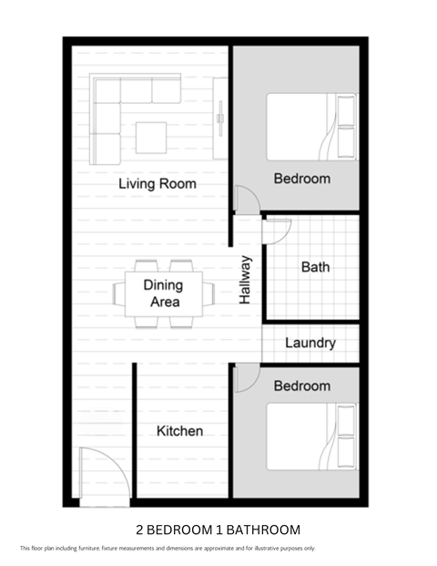 Floor plan for 2 beds, 1 bath, 800 sqft